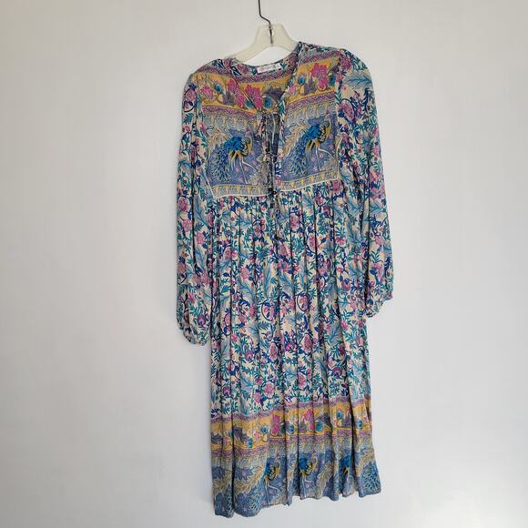 R Vivimos Boho Dress Vintage Print Birds Floral Empire Waist Midi Women Medium - Picture 9 of 11